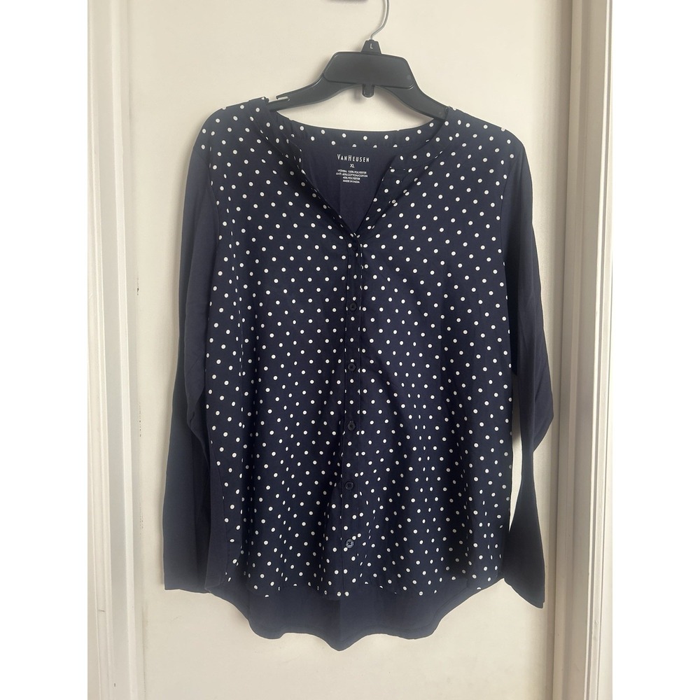 Van Huesen Women's Long sleeves Polka Dot Front Plain Back Navy Size XL